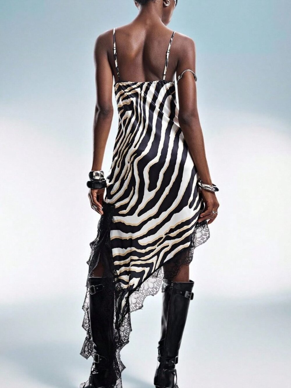 Multicolor Casual Women's Tie-Dye Zebra Print Satin Slip Dress - Picture 2 of 7
